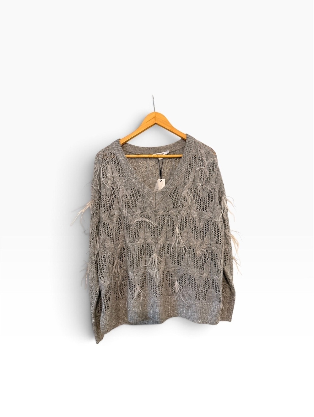 Chicos gray feathered fringe sequin pullover sweater size 2, large, US 12